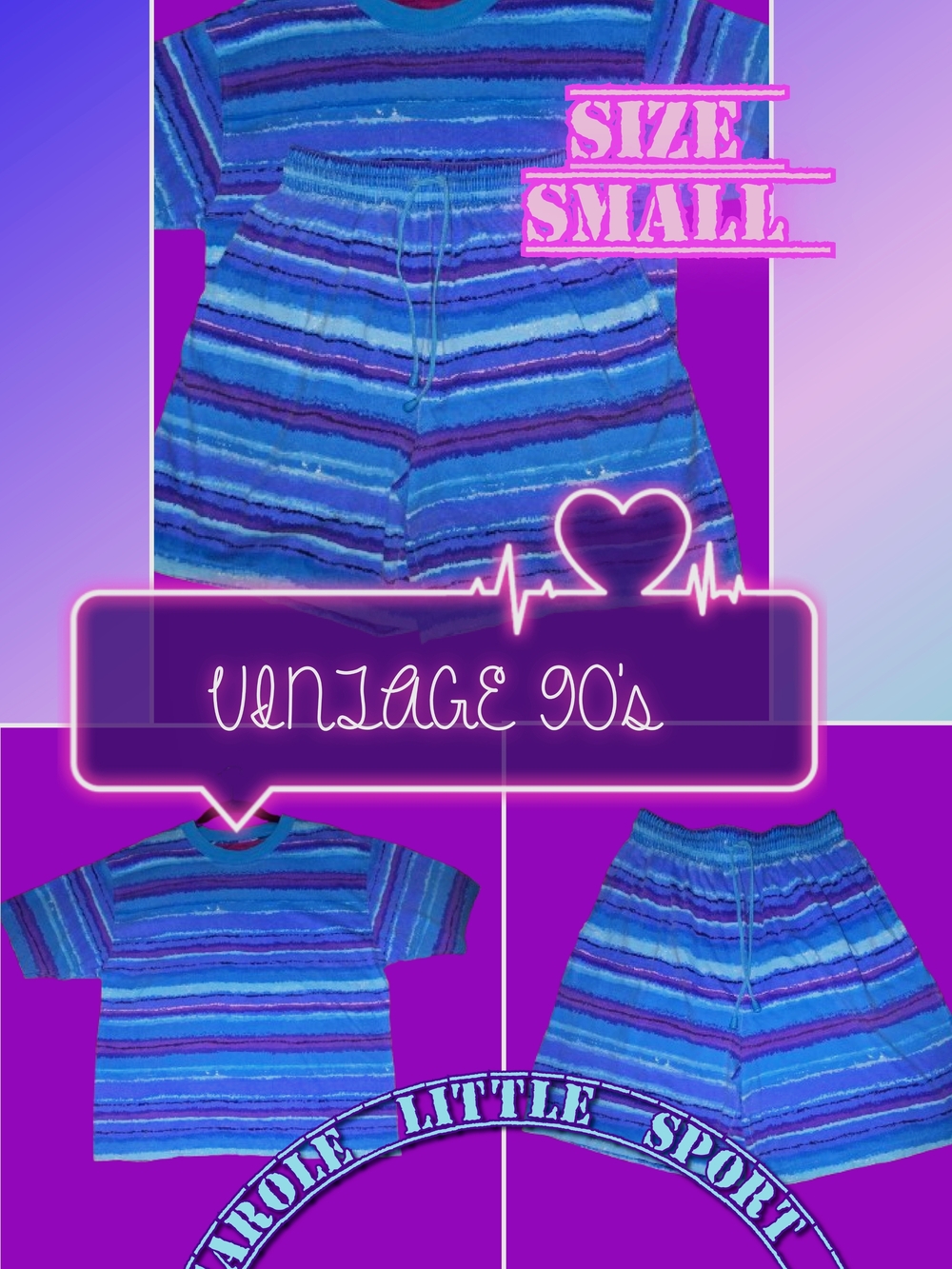 📣Vintage Retro 90s Carole Little Sport Striped Watercolor🩵💜 Short Set Small